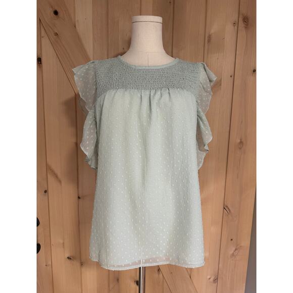 Loft | Dot Smocked Flutter Sleeve Swing Top Seafoam Green | Size Large - Picture 1 of 10